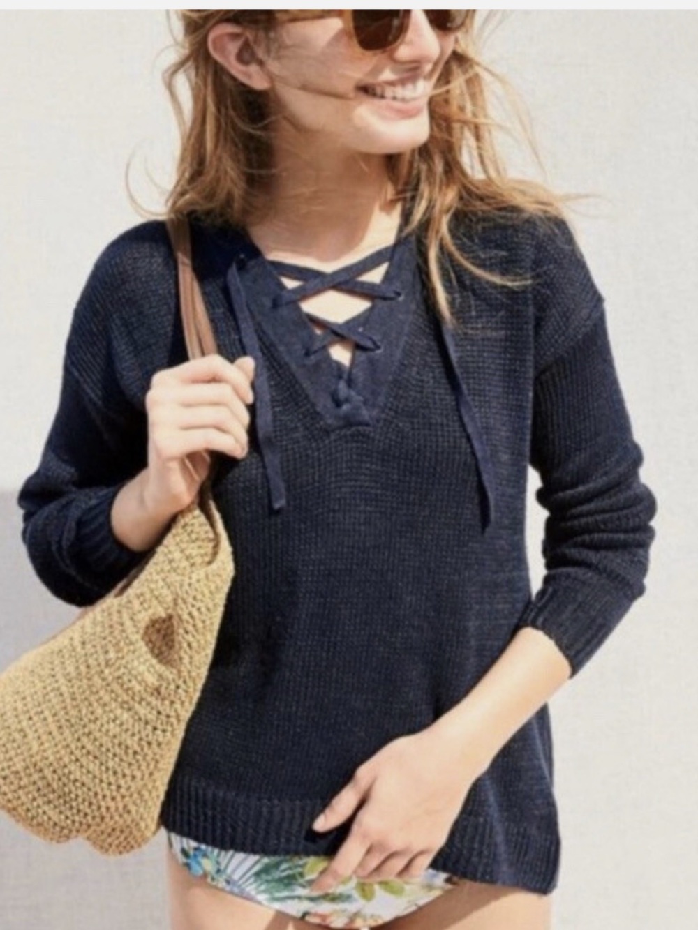 J. Crew Black 100% Linen Lace Up Beach Pullover Sweater Size XS